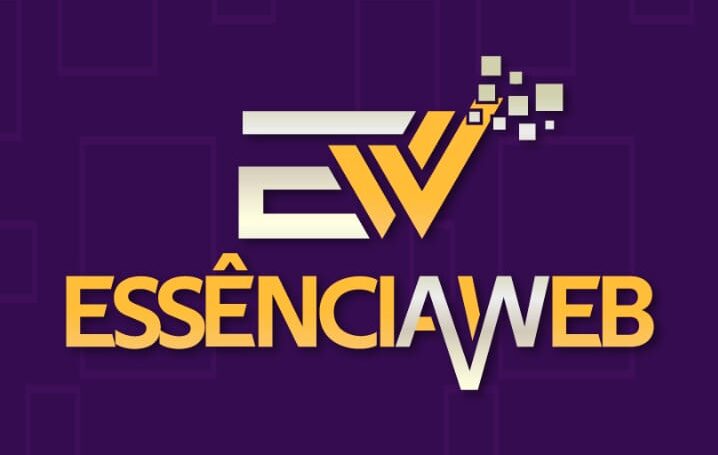 Logotipo da Essência Web com as iniciais "EW" em amarelo e branco, sobre um fundo roxo com detalhes em quadrados, representando a inovação e a tecnologia da marca.